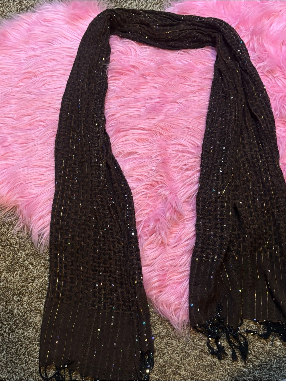Brown Sequin Metallic Lurex Crinkle Scarf Wrap Shawl Y2K Boho